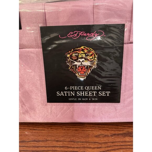 NWT Ed Hardy 6-Piece Pink QUEEN Sheet Set Satin Silk - Picture 1 of 4
